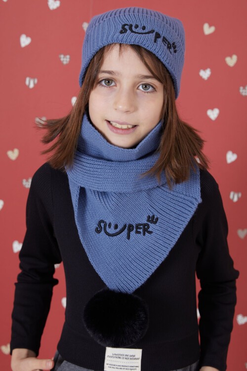 Mavi Süper Yazı Baskılı Ponponlu Kız Çocuk Atkı Bere Seti 17309