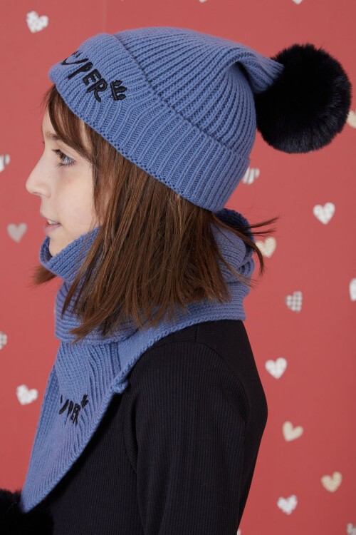 Mavi Süper Yazı Baskılı Ponponlu Kız Çocuk Atkı Bere Seti 17309