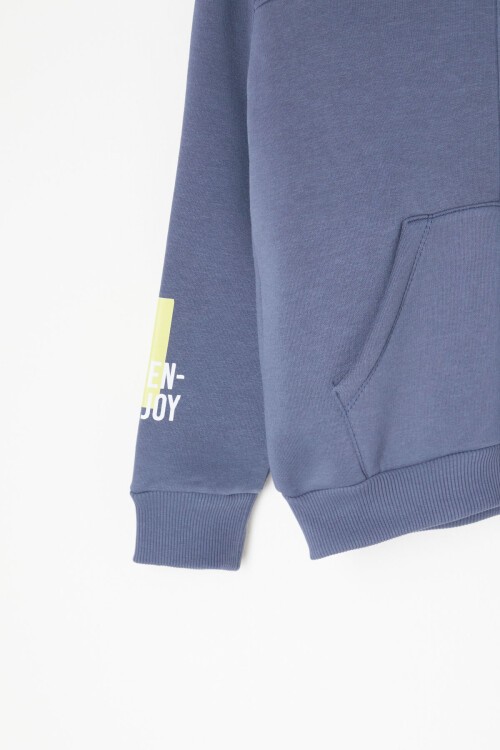 Mavi Yazı Baskılı Kapşonlu Hırkalı Erkek Çocuk Eşofman Takımı 16749