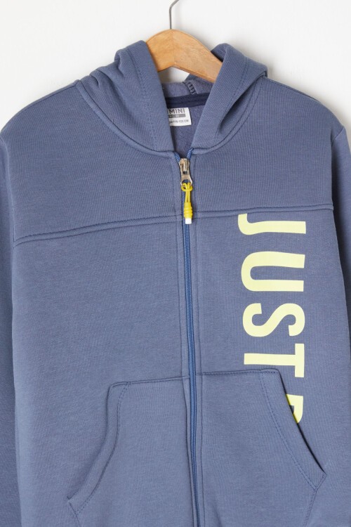 Mavi Yazı Baskılı Kapşonlu Hırkalı Erkek Çocuk Eşofman Takımı 16749