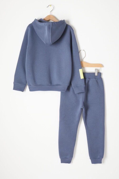 Mavi Yazı Baskılı Kapşonlu Hırkalı Erkek Çocuk Eşofman Takımı 16749
