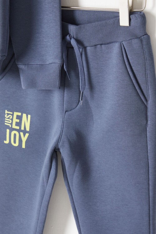 Mavi Yazı Baskılı Kapşonlu Hırkalı Erkek Çocuk Eşofman Takımı 16749