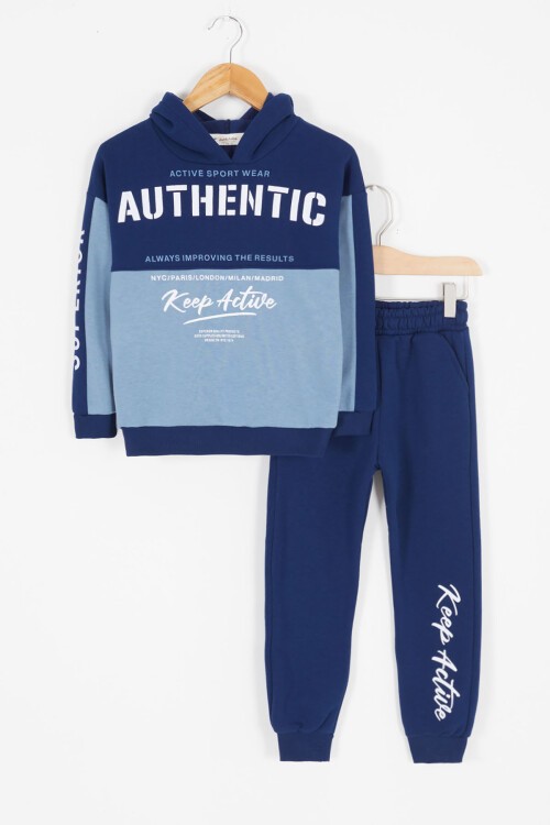 Mavi Yazı Baskılı Şardonlu Erkek Çocuk Kapüşonlu Eşofman Takımı 17117