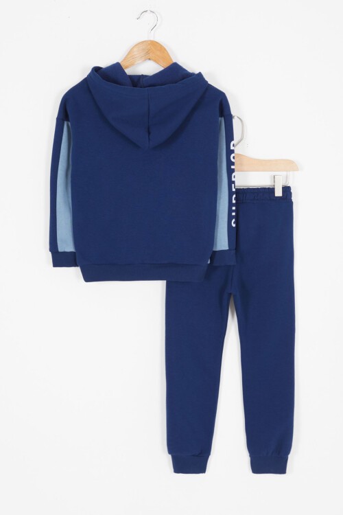 Mavi Yazı Baskılı Şardonlu Erkek Çocuk Kapüşonlu Eşofman Takımı 17117