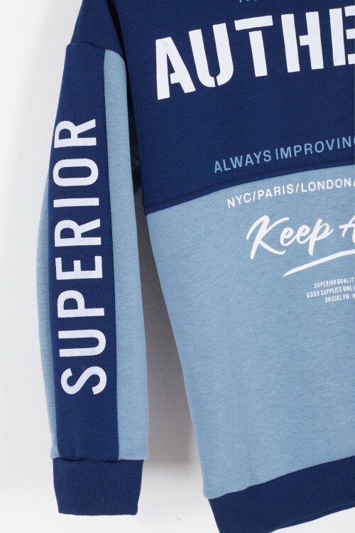 Mavi Yazı Baskılı Şardonlu Erkek Çocuk Kapüşonlu Eşofman Takımı 17117