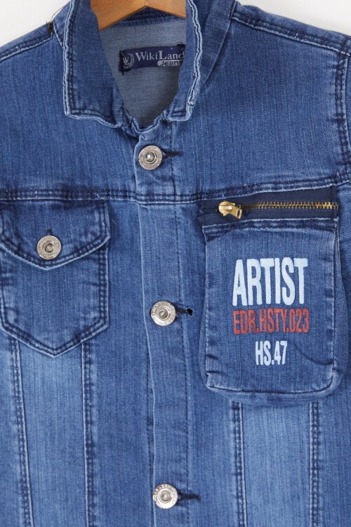 Mavi Yazılı Fermuar Cepli Erkek Çocuk Jean Ceket 16816