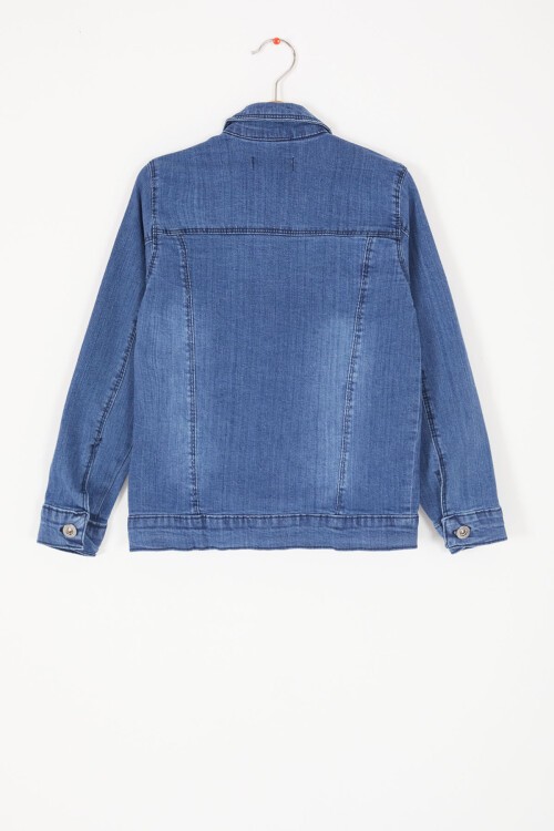Mavi Yazılı Fermuar Cepli Erkek Çocuk Jean Ceket 16816