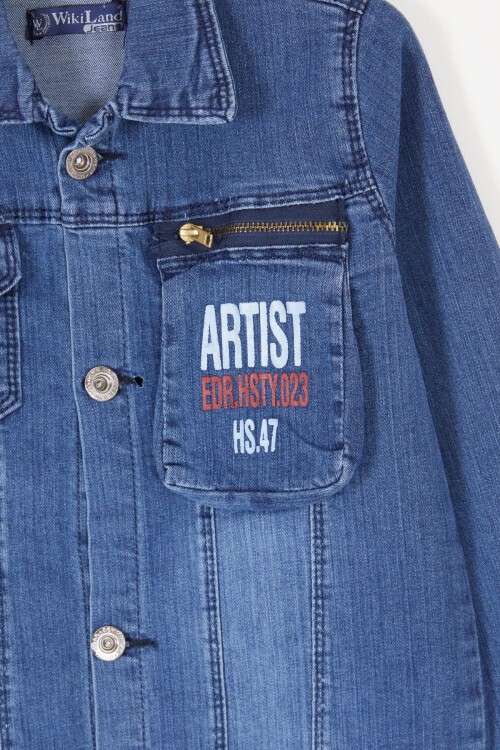 Mavi Yazılı Fermuar Cepli Erkek Çocuk Jean Ceket 16816