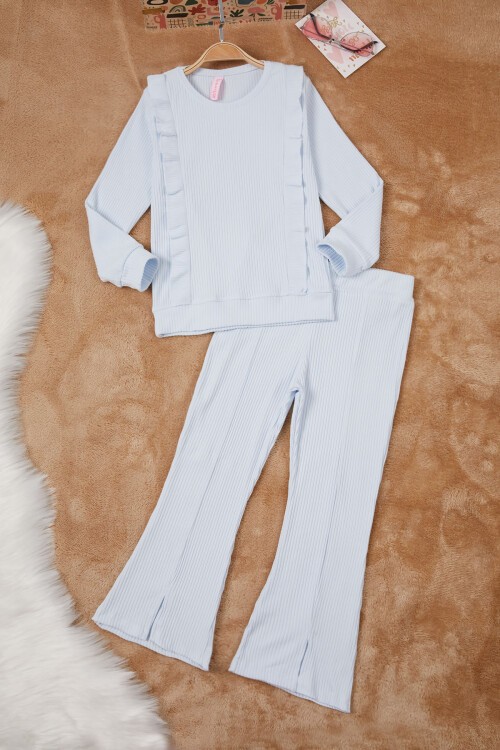 Mavi Yırtmaçlı Önü Fırfırlı Kız Çocuk Takım 17085