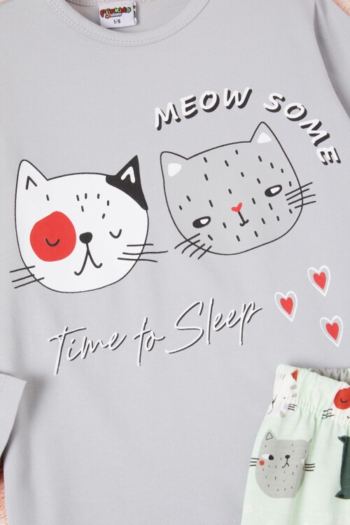 Meow Kedi Baskı Kız Çocuk Pijama Takımı 16333
