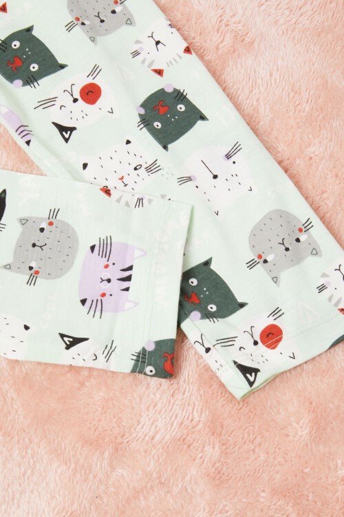 Meow Kedi Baskı Kız Çocuk Pijama Takımı 16333