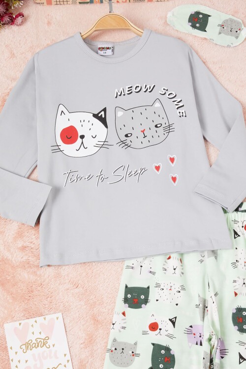 Meow Kedi Baskı Kız Çocuk Pijama Takımı 16333