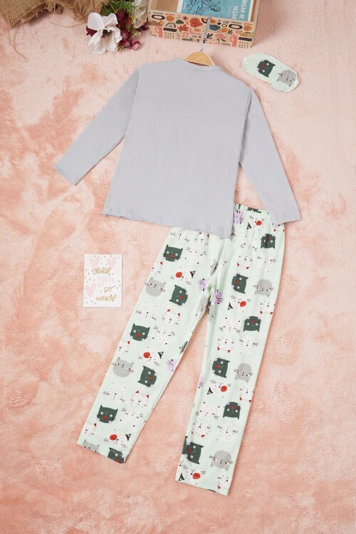 Meow Kedi Baskı Kız Çocuk Pijama Takımı 16333