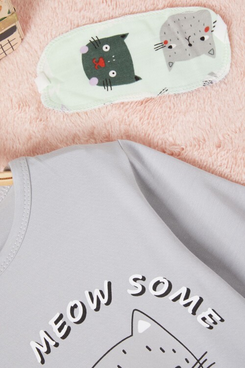 Meow Kedi Baskı Kız Çocuk Pijama Takımı 16333