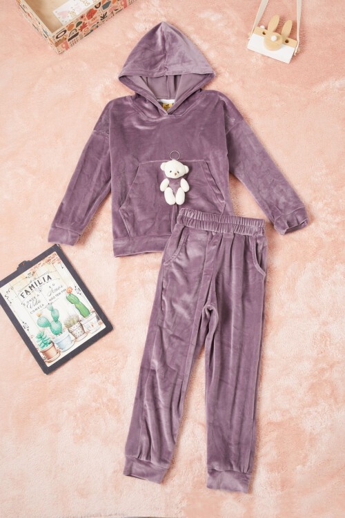Mor Ayıcıklı Kanguru Cepli Kız Kadife Eşofman Takımı 16572