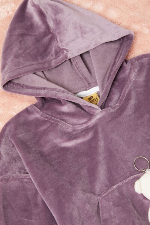 Mor Ayıcıklı Kanguru Cepli Kız Kadife Eşofman Takımı 16572