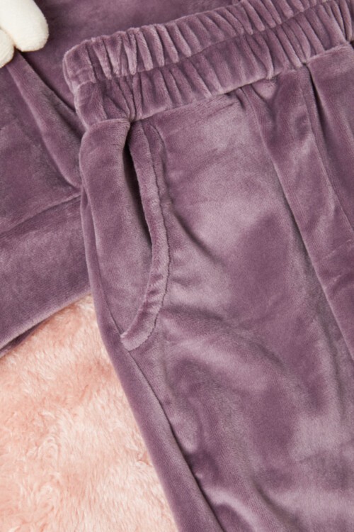 Mor Ayıcıklı Kanguru Cepli Kız Kadife Eşofman Takımı 16572