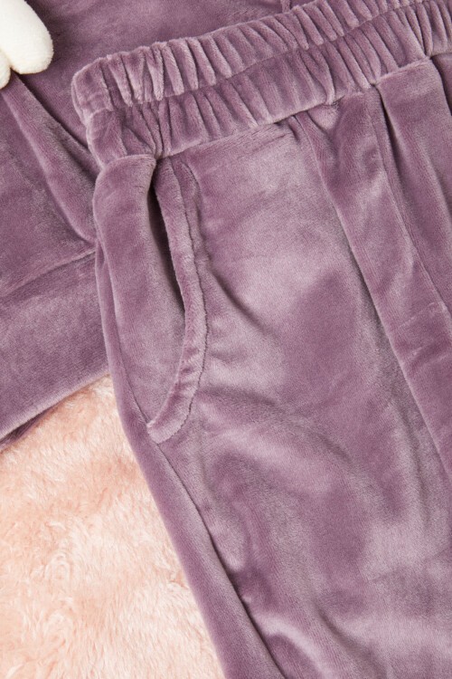 Mor Ayıcıklı Kanguru Cepli Kız Kadife Eşofman Takımı 16572