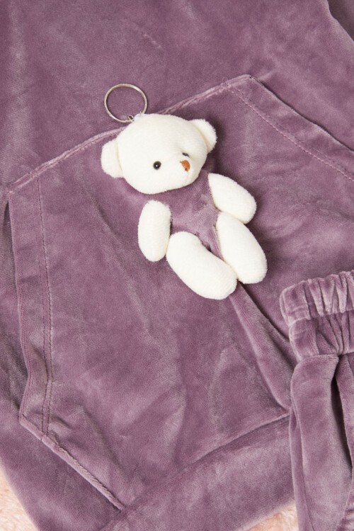 Mor Ayıcıklı Kanguru Cepli Kız Kadife Eşofman Takımı 16572