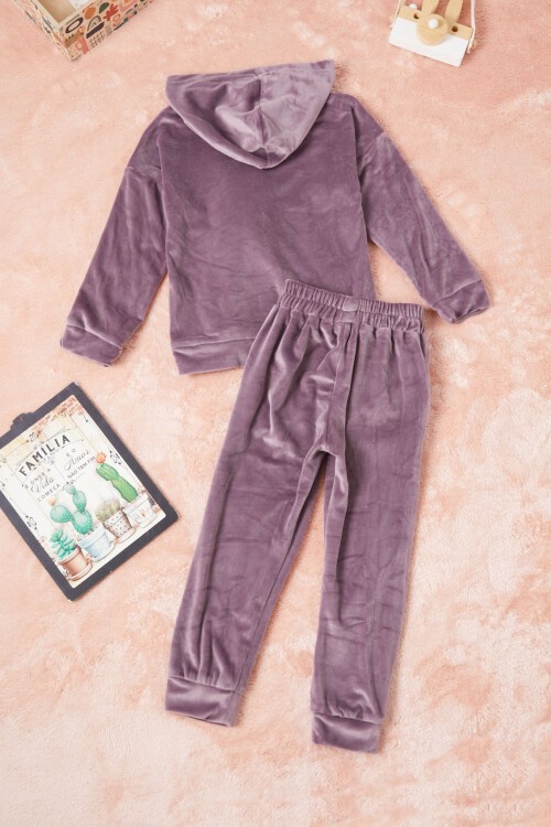 Mor Ayıcıklı Kanguru Cepli Kız Kadife Eşofman Takımı 16572