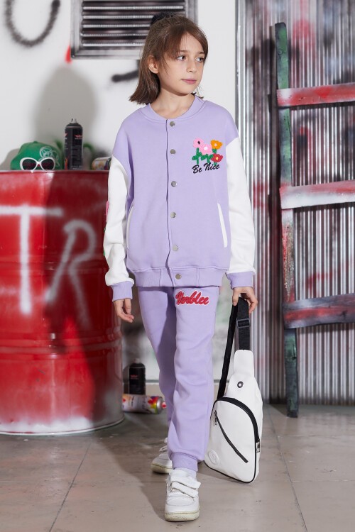 Mor Çiçekli Kolej Ceketli Kız Çocuk Şardonlu Eşofman Takımı 16822