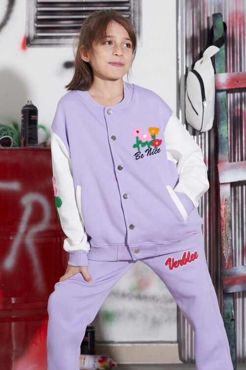 Mor Çiçekli Kolej Ceketli Kız Çocuk Şardonlu Eşofman Takımı 16822