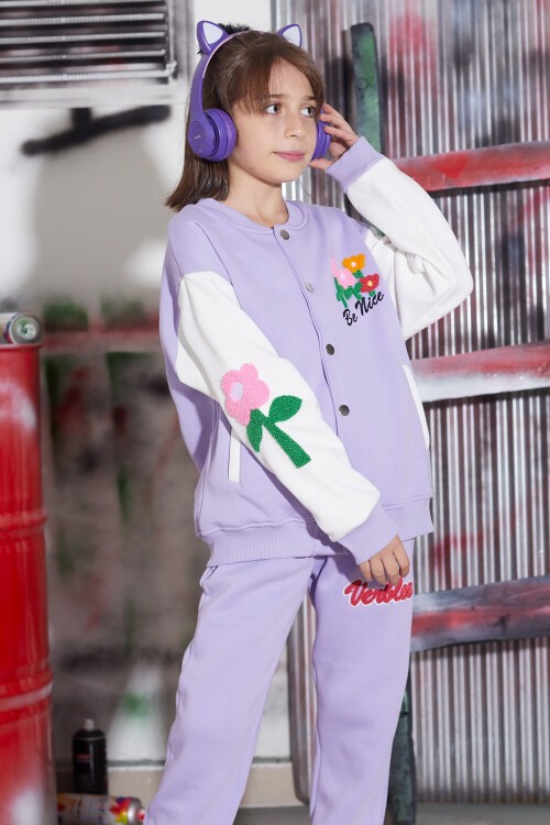 Mor Çiçekli Kolej Ceketli Kız Çocuk Şardonlu Eşofman Takımı 16822