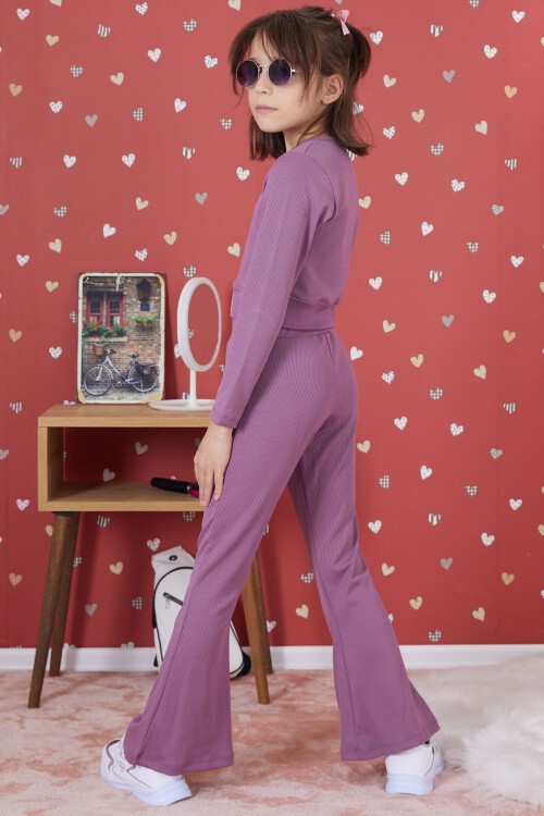 Mor Fitilli İspanyol Paça Kız Çocuk Crop Takım 17260