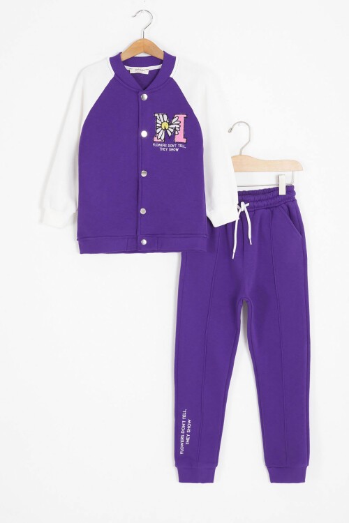 Mor Harf Nakışlı Kolej Ceketli Kız Çocuk Şardonlu Eşofman Takımı 16824