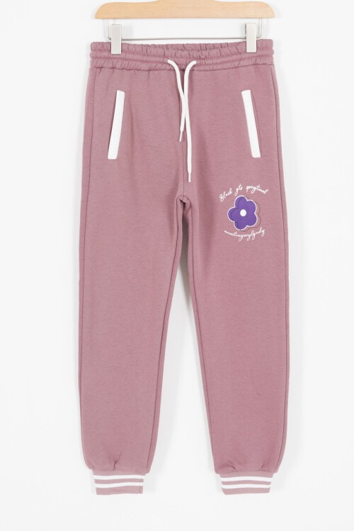 Mor Kolları Yazı Baskılı Şardonlu Kız Çocuk Kolej Eşofman Takımı 17127