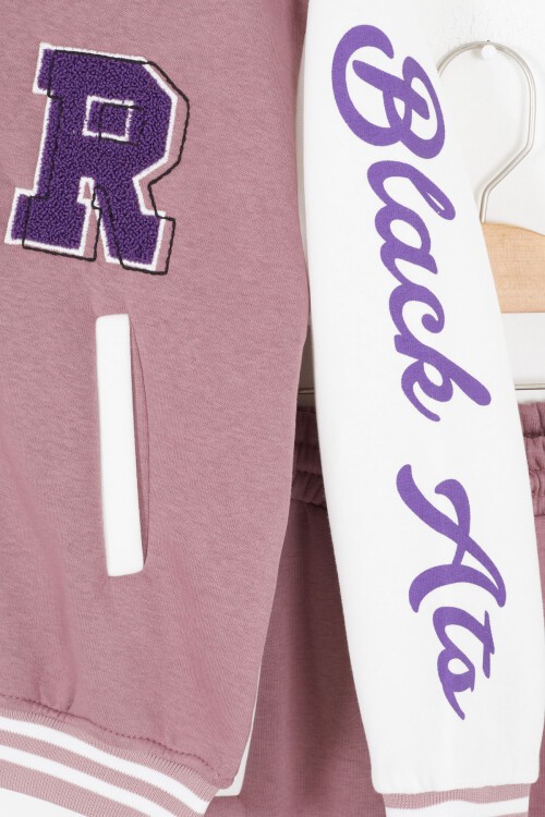 Mor Kolları Yazı Baskılı Şardonlu Kız Çocuk Kolej Eşofman Takımı 17127
