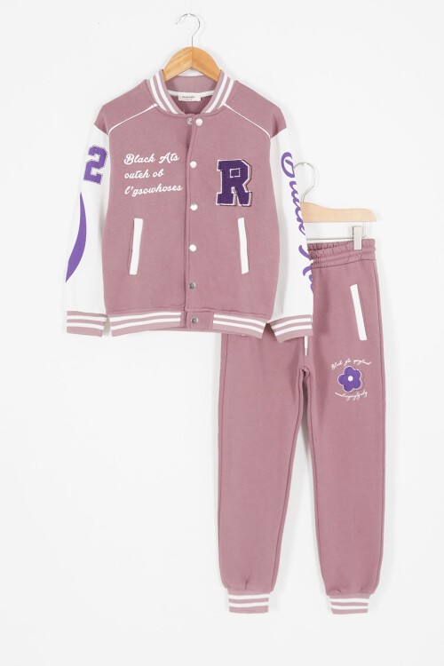 Mor Kolları Yazı Baskılı Şardonlu Kız Çocuk Kolej Eşofman Takımı 17127