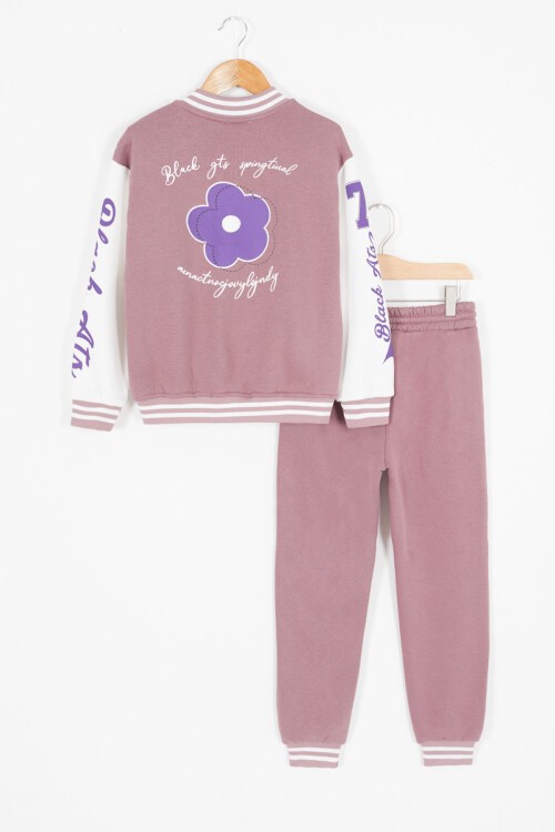Mor Kolları Yazı Baskılı Şardonlu Kız Çocuk Kolej Eşofman Takımı 17127