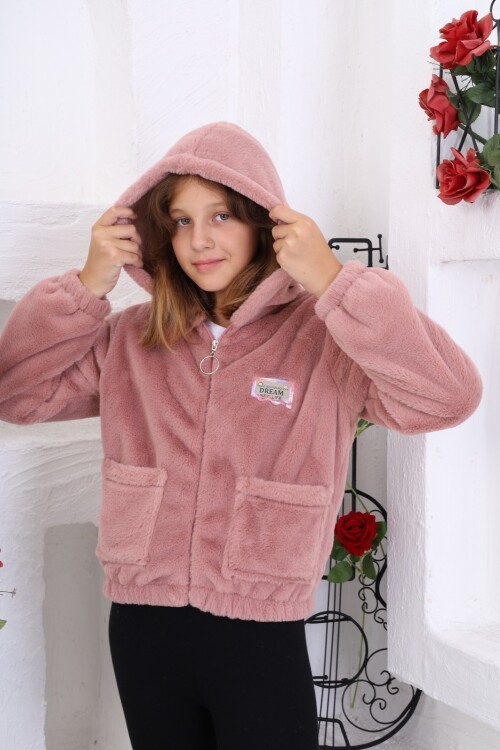 Pembe Armalı Kapüşonlu Kız Peluş Mont 16777