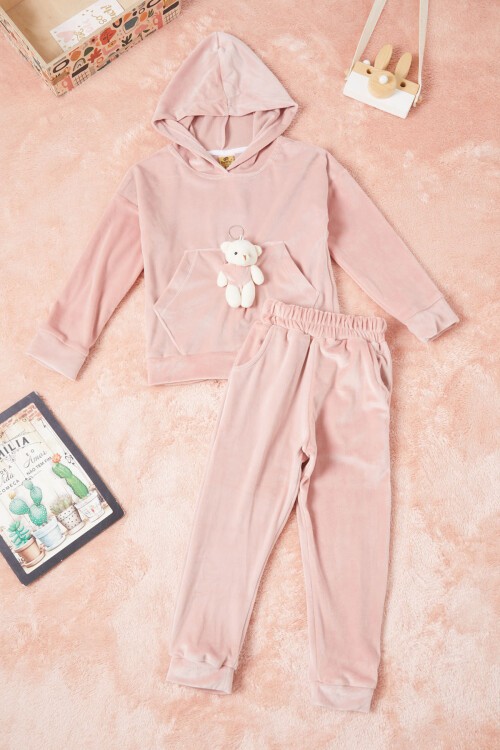 Pembe Ayıcıklı Kanguru Cepli Kız Kadife Eşofman Takımı 16574