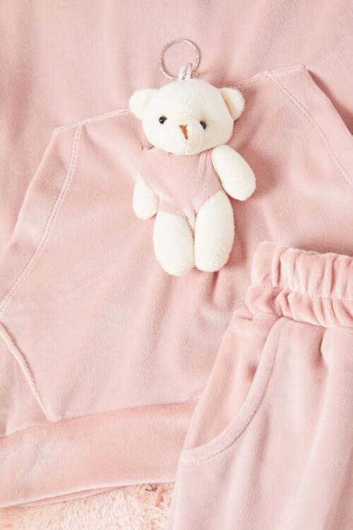 Pembe Ayıcıklı Kanguru Cepli Kız Kadife Eşofman Takımı 16574