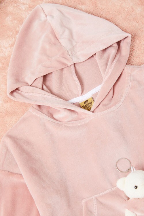 Pembe Ayıcıklı Kanguru Cepli Kız Kadife Eşofman Takımı 16574