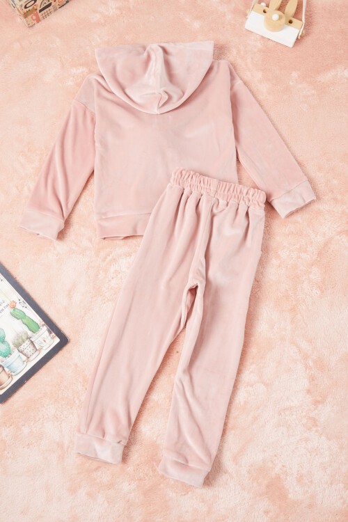 Pembe Ayıcıklı Kanguru Cepli Kız Kadife Eşofman Takımı 16574