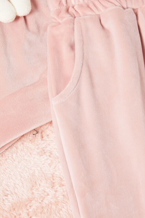 Pembe Ayıcıklı Kanguru Cepli Kız Kadife Eşofman Takımı 16574