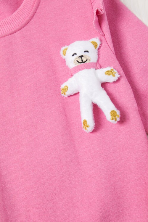 Pembe Ayıcıklı Kolları Volanlı Kız Çocuk Şardonlu Sweatshirt 16978