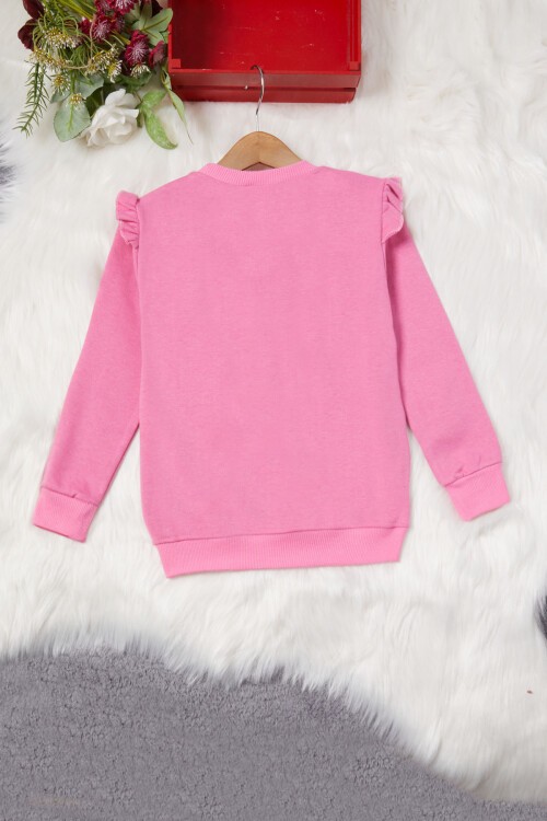 Pembe Ayıcıklı Kolları Volanlı Kız Çocuk Şardonlu Sweatshirt 16978