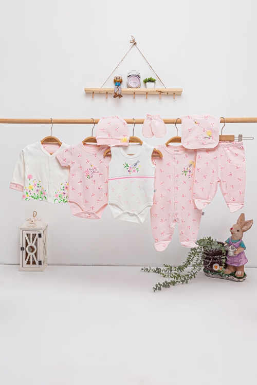 Pembe Beyaz Kuş Baskılı 8li Bebek Hastane Çıkışı Seti 16869