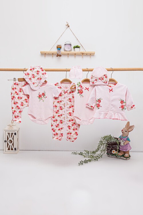 Pembe Çiçek Desenli 8li Bebek Hastane Çıkışı Seti 16855