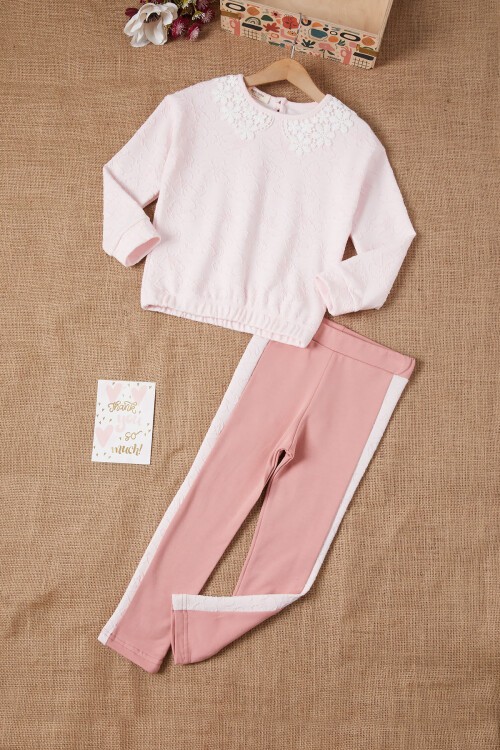 Pembe Çiçek Desenli Dantel Yakalı Kız Takım 16636