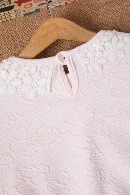 Pembe Çiçek Desenli Dantel Yakalı Kız Takım 16636