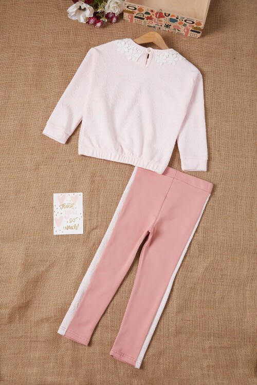 Pembe Çiçek Desenli Dantel Yakalı Kız Takım 16636