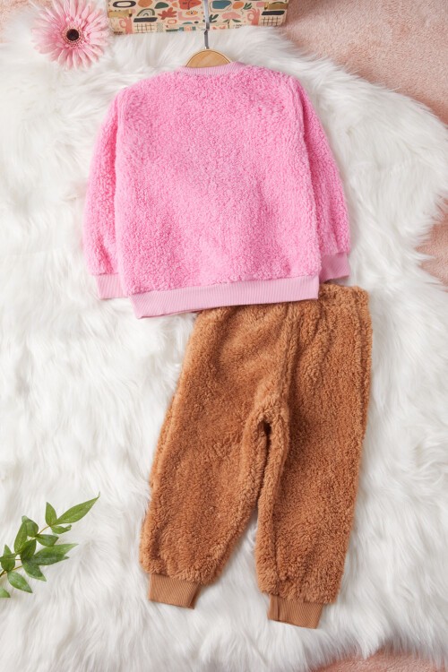 Pembe Çiçek Nakışlı Kız Bebek Peluş Eşofman Takımı 17122