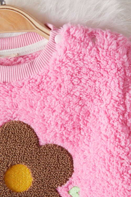 Pembe Çiçek Nakışlı Kız Bebek Peluş Eşofman Takımı 17122