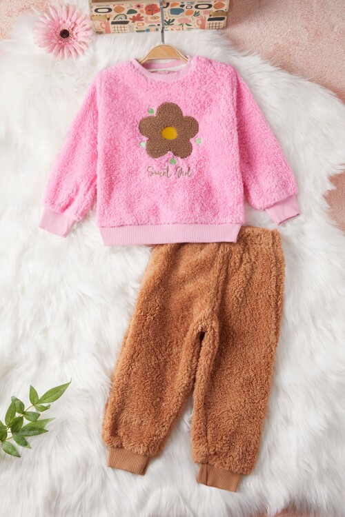 Pembe Çiçek Nakışlı Kız Bebek Peluş Eşofman Takımı 17122