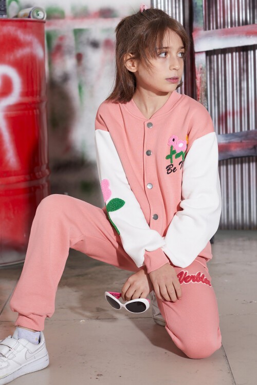 Pembe Çiçekli Kolej Ceketli Kız Çocuk Şardonlu Eşofman Takımı 16819